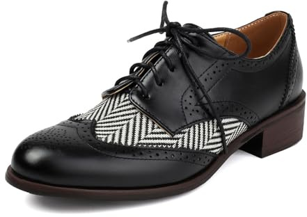 SHEMEE Women's Chunky Low Heels Oxfords Saddle Shoes Creeper Vintage Wingtip Brogues Perforated Flats Lace Up Pumps Black 107,US 7