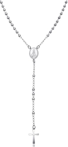 Dada Gioielli - Collana Rosario Uomo Donna Sfere Acciaio Argentato e Nero. Rosario moderno con medaglietta Madonna Miracolosa e croce