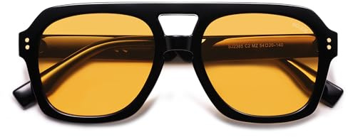 SOJOS Retro Thick Polarized Aviator Sunglasses for Women Men, Large Trendy Bold Square Pilot Shades SJ2385, Black/Yellow