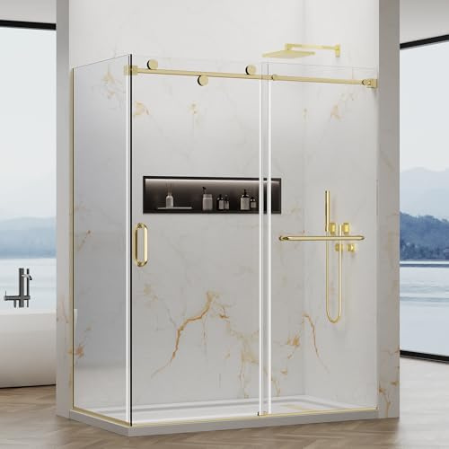 YTSAHSTT 60x76 in Frameless Shower Door with 32x76 in Side Panel, Nano-Coated Tempered Glass, 304 Stainless Steel in Brushed Gold, Back-to-Back O Handle