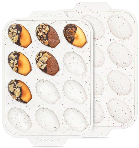 Vinino 2-Pack Silicone Madeleine Pan with Metal Reinforced Frame, 12-Cavity Shell Shape Madeleine Mold with Non-Slip Handle, Nonstick Madeleine Cookie Trays for Oven, BPA Free, Dishwasher Safe- Cream