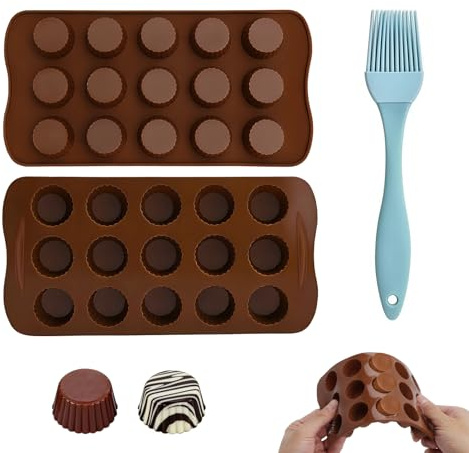 LOLANIUT 2 moldes chocolate silicona, 15 cavidades, molde silicona chocolate alimentaria antiadherente y fácil de desmoldar, ideal para bombones, praline y postres caseros, con pincel de silicona