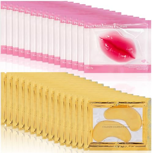 15 Paia Maschera Collagene per Occhi & 15 Pcs Maschera Labbra, 24k Gold Eye Mask Patch Occhiaie, Borse e Puffinesss, Lip Masks Idratanti Adatte per Labbra Secche e Screpolate, Set Cura Labbra e Occhi
