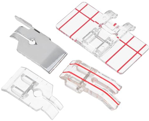 Lurrose Lot de 4 Set de Pieds-de-biche Multifonction pour Machine à Coudre Domestique en Acier Inoxydable et Plastique Solide Incluant Pied Presseur Parallèle Pied Ourleur à Rouleau