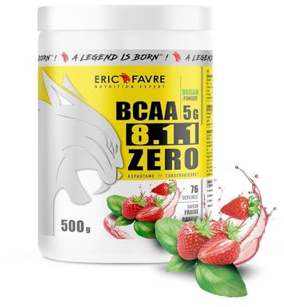 BCAA POUDRE 8.1.1 Zero - Acides Aminés Musculation Vegan - Votre Allié Pour Des Entraînements Efficaces - Performance Accentuée - 500g - Saveur Fraise/Basilic - Eric Favre