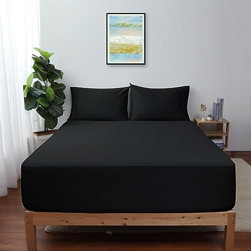 King Size Fitted Sheet Only Black, 100% Egyptian Cotton 600 Thread Count, 16 Deep Pocket Premium Cotton Mattress Sheet (1 Bottom Sheet Only)