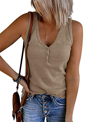 Saodimallsu Débardeurs à col en V pour femmes Chemises Henley sans manches côtelées d'été Casual Loose Button Up Cami Knit Tees (Large, Royal Blue)