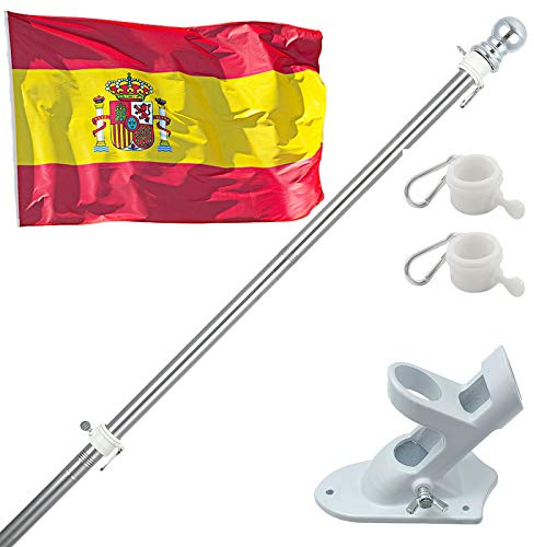 Kit de Asta de Bandera de 150cm con Soporte de Aluminio y Acero Inoxidable, Montaje en Pared Exterior con Anillos Giratorios, Incluye Bandera Española