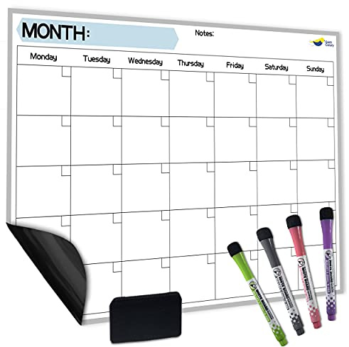 Monthly Magnetic Calendar for Refrigerator - 17x12” Stain-Resistant Dry Erase Fridge Calendar Whiteboard with Large Writing Space for Schedules, Chores & Meals - With 4 Markers & Eraser - Monday Start