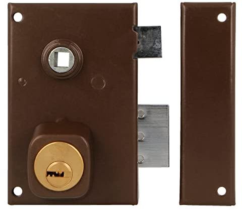 Amig - Cerradura de Sobreponer de Derecha con Palanca de Cierre, Lengüeta y Cuadradillo para Puertas de Madera Mod. 75N / 72 x 112 mm/Cilindro Redondo de Seguridad/Acero Marrón