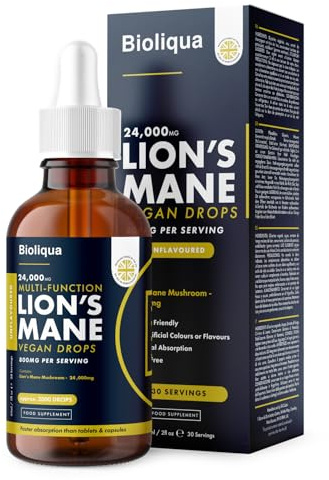 Lions Mane Supplement Liquid Drops - High Strength of 24,000mg per 60ml Bottle at 4X Concentration - Vegan - 1 Month Supply of Premium Lions Mane Extract - Made in UK by Balance (Single Pack)
