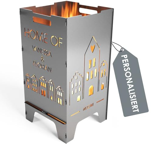 MOCAVI Edelstahl Feuertonne Home 73 cm | 3 mm V2A personalisiert Feuerschale Feuerkorb massiv sicher groß Feuerstelle Outdoor faltbar hitzefest Design-Feuersäule für Garten, Terrasse und Balkon