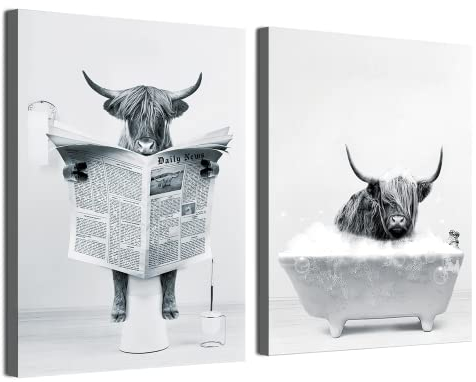 DLKAJFK Zeitung Hochlandrinder Löwe Bär Kaninchen Faultier Affe Schwarz und Weiß Wandkunst Leinwand Badezimmer Dekorative Wandmalerei,Rahmenlos（Hochlandrinder10,20x30cmx2Pcs）