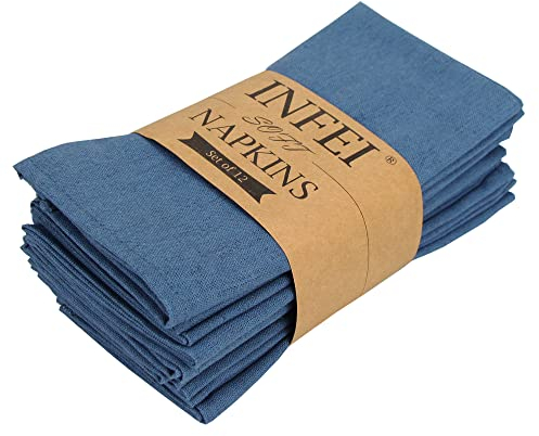INFEI Cloth Napkin, Set of 12 (40 x 40 cm), Cotton Linen Blend, Aegean, For Events & Home Use