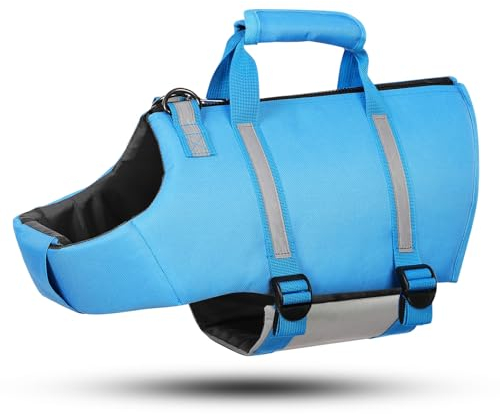 PUZAUKAL Schwimmweste für Hunde, Ripstop Hundeschwimmweste mit Rettungsgriff und Reflektierenden Streifen, für Kleine, Mittel und Große Hunde, Blau, L