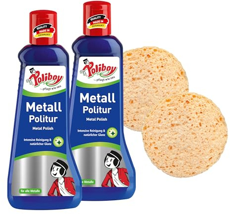 POLIBOY Metallpolering – polermedel för glänsande metaller – metallvårdsprodukter med missfärgningsskydd – 2 x 200 ml – med svamp – Made in Germany