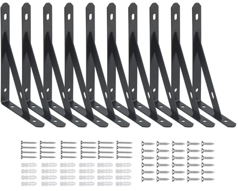 FAAING 10 Pezzi Staffe per Mensola Triangolare, Supporto per Mensole a Parete con viti, Staffa per Tavolo a Muro 90 Gradi Angolo, portata 50 kg, 250mm Nero