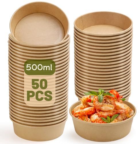 SANOU Einweg Suppenschalen 50 Stück Einwegschalen 500ml Pappschalen Suppenschüssel Einweg Pappschüsseln Einweggeschirr Perfekt für Party und Picknicks Ø 150 x 45mm (ohne Deckel)