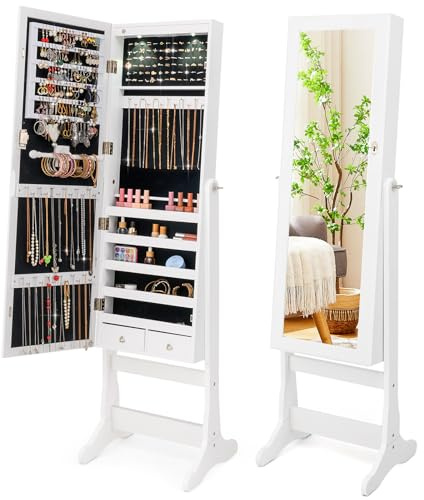COSTWAY Freestanding Jewellery Cabinet, 4-Angle Adjustable Lockable Jewelry Armoire with Full-Length Mirror, Inner LED Lights and Large Storage, Bedroom Makeup Cosmetics Jewellery Organiser (White)