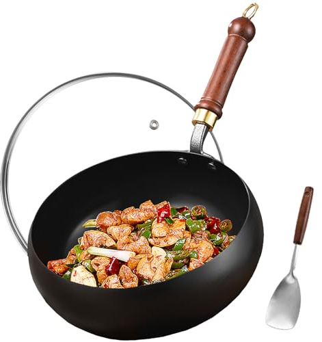 UMETRE Carbon Steel Wok Pan, 9.5 Woks & Stir-Fry Pans with Glass Lid Cookwares, Nonstick Wok Flat Bottom Small Handmade Chinese Wok For for All Stoves