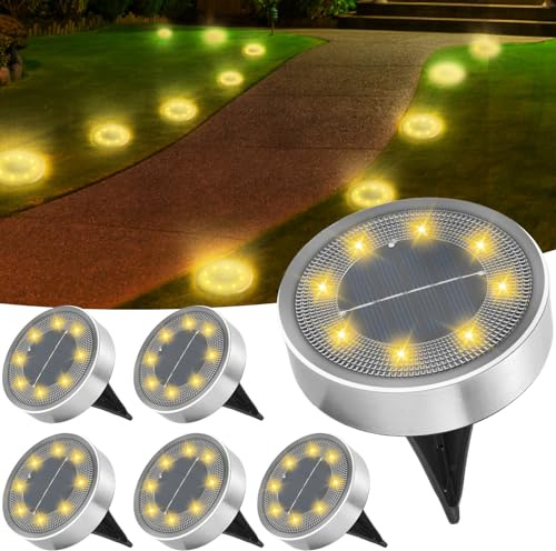 Jsdoin 6 lámparas solares de suelo para exteriores, 8 luces LED solares, resistentes al agua, lámpara de jardín, lámpara solar de acero inoxidable para camino,terraza, exterior (Blanco cálido)
