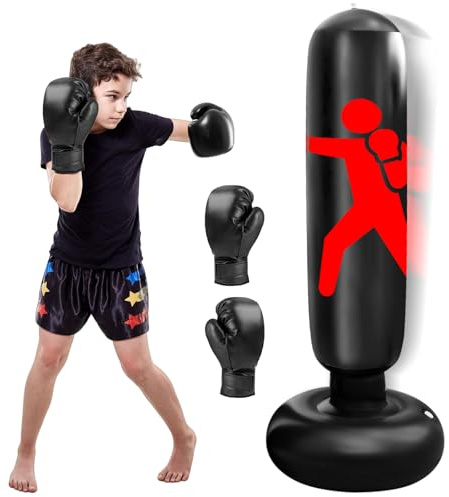 Sac de frappe pour enfants, 160 cm, avec gants de boxe, gonflable, sur pied, pour garçons et filles à partir de 3 à 12 ans, kit de boxe debout pour intérieur/extérieur, karaté, taekwondo et fitness