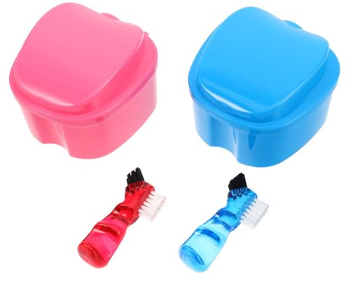DECORNIJIA 2 ensembles Boîte à Dentier Pomme avec Étui de Voyage Brosse Double Face pour Fausses Dents Filtre et Couvercle Étanche Accessoire de Soin Dentaire Portable