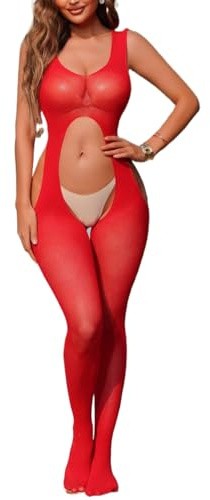 Body de Malla para Mujer Body Lencería Sexy Ropa Interior de Dormir Semi-transparente Medias de Red Elástica Mono Teddy con Liguero Bodysuit Suave Una Pieza Bodystockings (Rojo, Talla única)