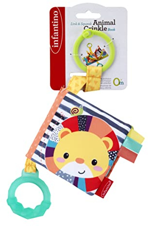 Infantino Multicoloured Fabric Crinkle Book - Scrunching Page Sounds, Round Teether, Squeaker, Animal Themed - Ages 6 Months +