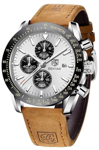 BENYAR Uhren Herren Chronograph Analog Quarz Braun Lederarmband Armbanduhr Herren Wasserdicht Leuchtende Datum Herrenuhr Mode Lässig Sport Business-Kleid Uhren fur Männer Elegantes Geschenk