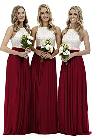 Lecureler Long Lace Prom Bridesmaid Dress Burgundy Size 14