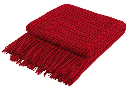 Coastline Super Soft Decorative Knit Throw Blanket for Sofa Couch Chair Bed, Lightweight Travel Blanket Nap Throw, Cashmere-like Soft and Cozy, Delicate Weave Pattern with Fring,Red,127x152cm