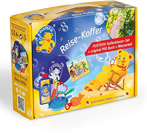 Pustefix Reisekoffer Set I Seifenblasen-Set + original Pixi Buch + Wasserball I Bunte Rainbow Bubbles Made in Germany I Seifenblasen für Kinder & Erwachsene I 250 ml