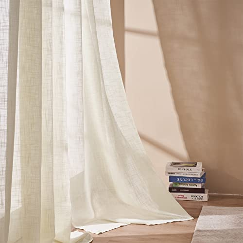 Topfinel Cortinas Salon para Ventanas Cortas 140x145 Visillos Crema de Habitacion de Raya Gasa Suave Dormitorios Visillo Lino Vertical para Ventanas Cocina Sala de Estar con Ojales 2 Piezas