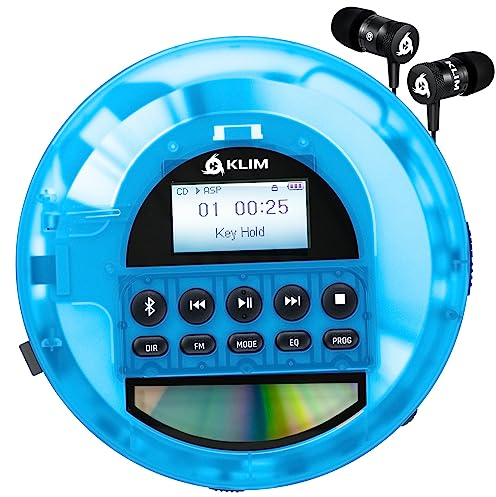 KLIM Nomad Transparent Blue - Portable CD Player with Long-Lasting Battery - Includes Headphones - Discman MP3 Player - TF Card FM Radio Bluetooth AUX - Ideal for Home, Cars - Version