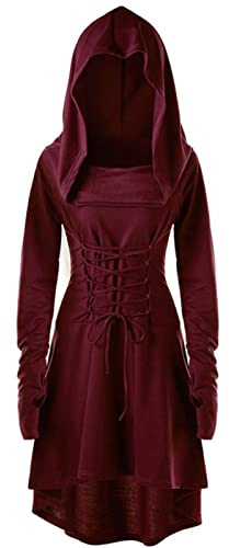 CNVAUIE Disfraz renacentista para mujer, vestido medieval con capucha, vestido gótico, cosplay, para Halloween, carnaval (burdeos, M)