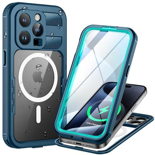 Lanhiem for iPhone 15 Pro Waterproof Case, [Compatible with MagSafe] Heavy Duty Shockproof Dustproof Cover with Screen Protector, Front and Back Magnetic Case for iPhone 15 Pro - 6.1 inch (Blue)
