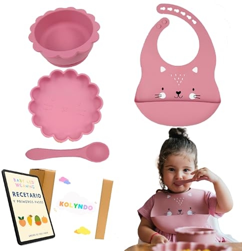 Silikon Baby Geschirrset, Rutschfest Kindergeschirr Set mit Saugnapf, 4 Stück BPA Frei Esslernbesteck Sets mit Löffel Schüssel Lätzchen und Rutschfest Teller - Beikost Baby Zubehör