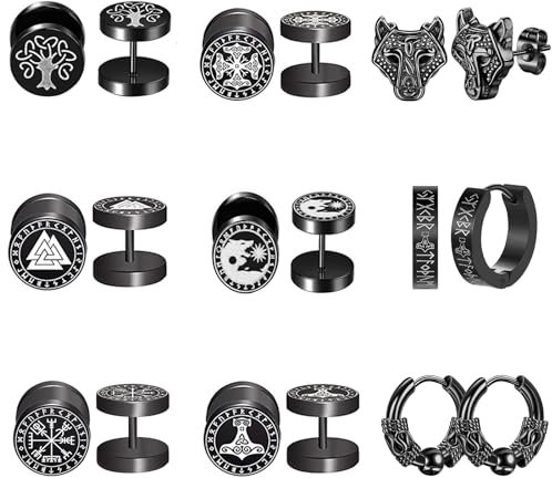 Bulckrew Herren Ohrringe Wikinger Ohrstecker: 9 Paare Ohr Stecker Kreis Creolen Viking Gotik Stil Schwarz Studs Piercing aus Edelstahl Lebensbaum Drachen Wolf Geschenk für Männer