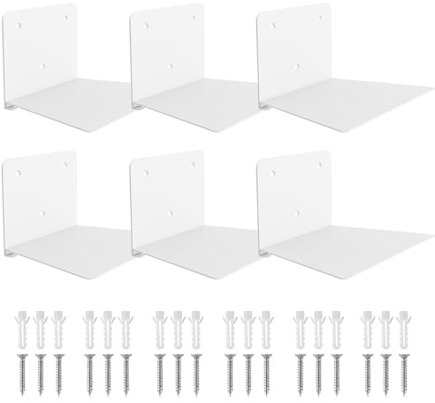 Sheeliy Floating Bookshelf, Floating Book Shelves for Wall, Invisible Bookshelves Wall Mounted Shelf Sturdy Metal for Book Storage Item Display, 6 Pack, White