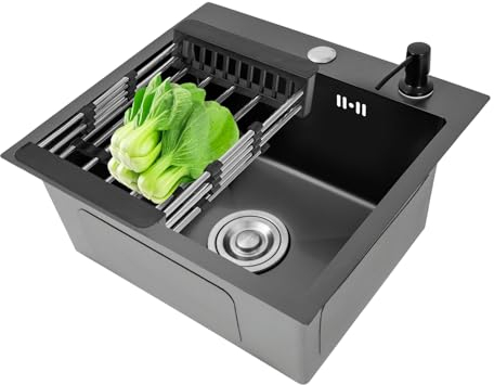 Schwarz Einbauspüle, 40x45cm Edelstahlspüle Spülbecken, Küchenspül Waschbecken mit Seifenspender Abtropfkorb Sieb, kitchen sink für den Innen- und Außenbereich