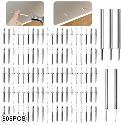 500 PCS Clavos Sin Costuras, Clavos de Doble Cabeza Sin Costuras, Tornillos de Seguridad Invisibles para Rodapies, Clavos Doble Punta para Rodapies con 5 Herramienta de Manga Específica para Clavo