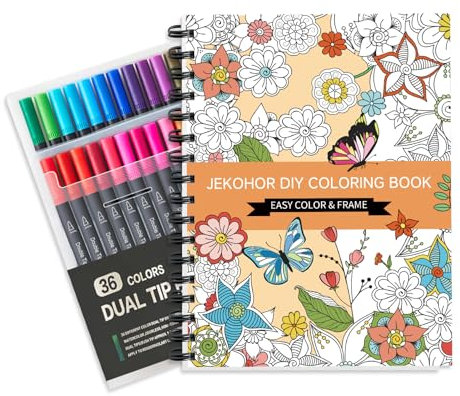 Malbuch für Erwachsene und Marker Set, Spiral gebundene Färbung Buch für Erwachsene Entspannung mit 36 Farben Marker, Angst Relief Geschenke mit 30 Mustern enthalten Mandala Tier Blumen