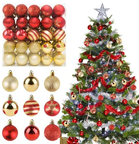 Set Palline di Natale, 50PCS Palline di Natale con Cordino, Plastica Addobbi Natalizi, Palline Albero di Natale in Oro Rosso, Decorazioni Albero di Natale, Deco per la Casa, Matrimonio, Festa (4 CM)