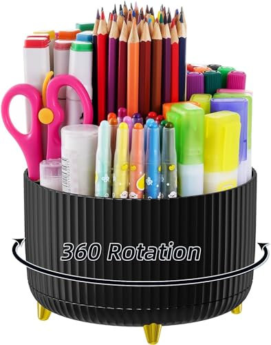 Pencil Pen Holder for Desk, 5 Slots 360°Degree Rotating Pencil Pen Organizers for Desk, Desktop Storage Stationery Supplies Organizer, Cute Pencil Cup Pot for Office, School, Home, Art Supply (Black)