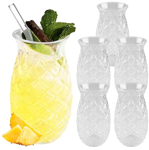 WANDGU Lot de 6 Verres à Ananas - Gobelet à Cocktail Transparent 400 ml avec Relief Ananas pour Long Drink, Jus, Fête - Parfait pour la Maison en Été