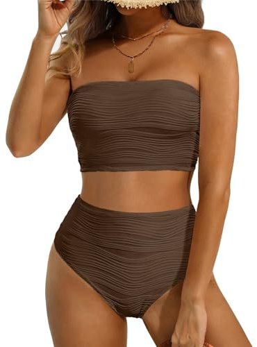 High Waisted Bandeau Bikini Set - Women Strapless Two Piece Swimsuits Ribbed Longline Full Coverage Bathing Suits Swimwear, Brown, Large