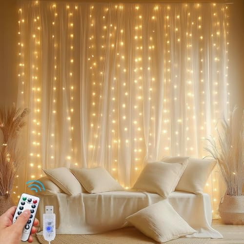 A.bigwhale Cortina Luminosa Blanco Cálido 3 m x 3 m, 300 LED Guirnaldas luminosas de interior, Guirnalda Luces Navidad, Cadena Luminosa con Mando para Boda Habitación Pared Fiesta Decoración Navideña
