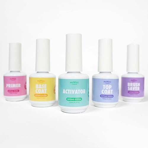 MOYOU LONDON Dipping Powder Liquid Set - 5pcs Nail Kit with Primer, Base Coat, Activator, Top Coat & Brush Saver, Long-Lasting, Chip-Resistant Manicure up to 3+ Weeks, No UV Light Needed, Easy DIY