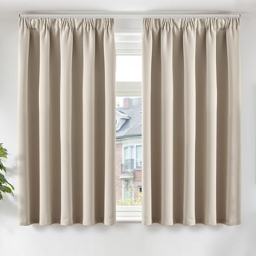 TOPICK Soft Pencil Pleat Room Darkening Thermal Curtains, Blackout Curtains & Drapes for Bedroom, Living Room Light Blocking Curtain 2 Panels, Short Curtains for Kitchen, Cafe, Beige, W46 x L54 Inch